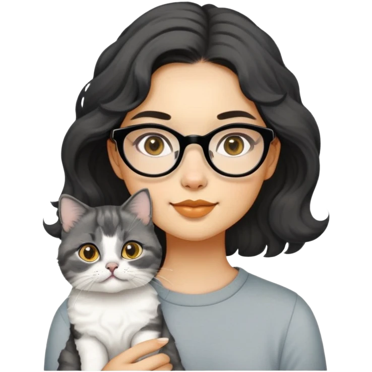Young woman with oval face and warm yellow-toned skin, black wavy hair, thin-framed glasses, holding a grayish-white Munchkin cat with short legs and charcoal-gray marking under its mouth emoji
