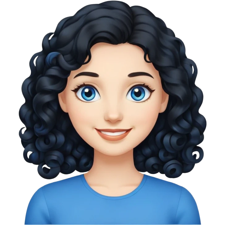 Black curled hair with blue eyes and a smile woman emoji