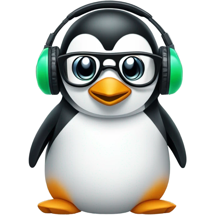 Design an emoji-style logo for “TuxByte” with a sleek penguin, techy glasses or headphones, and subtle circuit or data elements. Use black, white, blue, and green for a clean, modern look. emoji