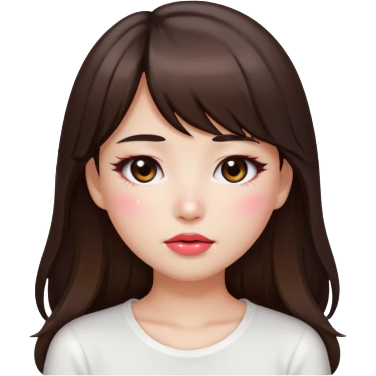 “japanese style Emoji brunette girl long hair with side bangs white top, dewy skin, heavy blush across cheeks and nose bridge, glossy cherry lips, soft eyeliner, teary sparkling eyes emoji