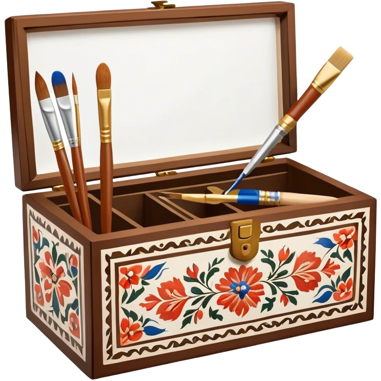 Wooden box painting icon, traditional Russian Palekh or Khokhloma patterns being painted on a wooden box, paintbrush and fine details visible, the box in the process of decoration, visible tools like brushes and paints, minimalistic style, clean lines, transparent background. emoji