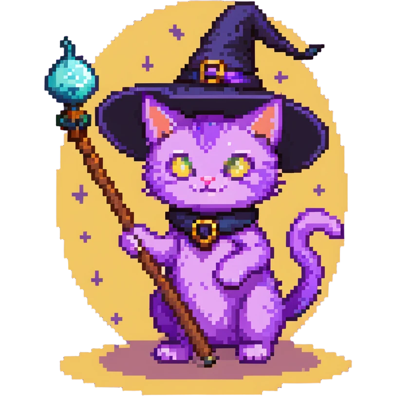 purple cat wearing a witch hat and holding a magic wand emoji