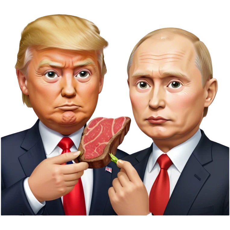 photorealistic Donald Trump and Putin eating a steak shaped like an piece of land emoji