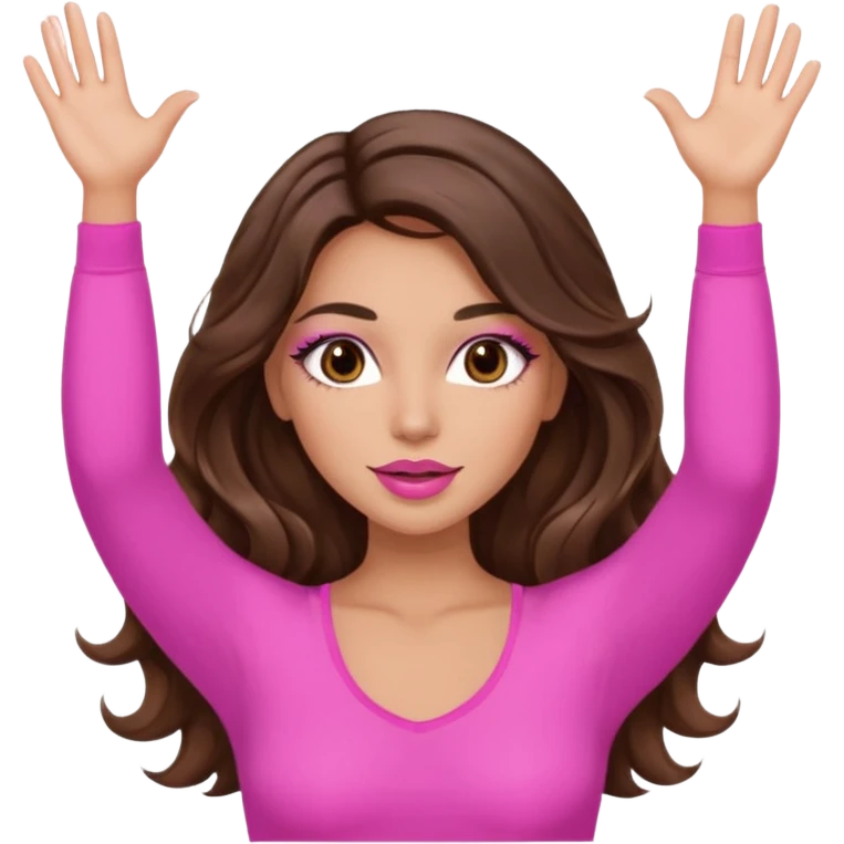 girl with long wavy brown hair, brown eyes, long lashes makeup, sexy pink lips, light to medium complexion, wearing a pink sexy top, both hands in the air high emoji