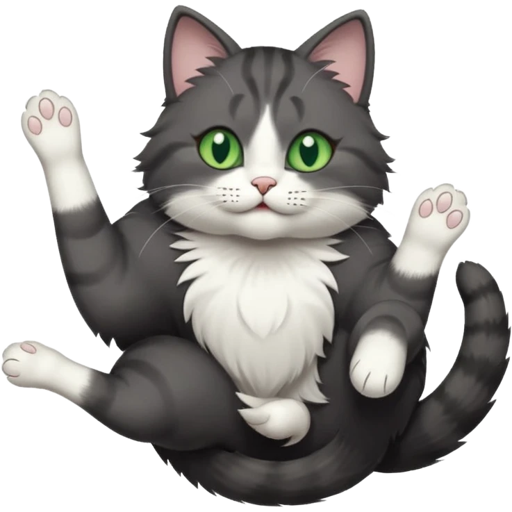 dark grey cat with green eyes, white toes/paws and white patch on her chest playfully rolling upside down emoji