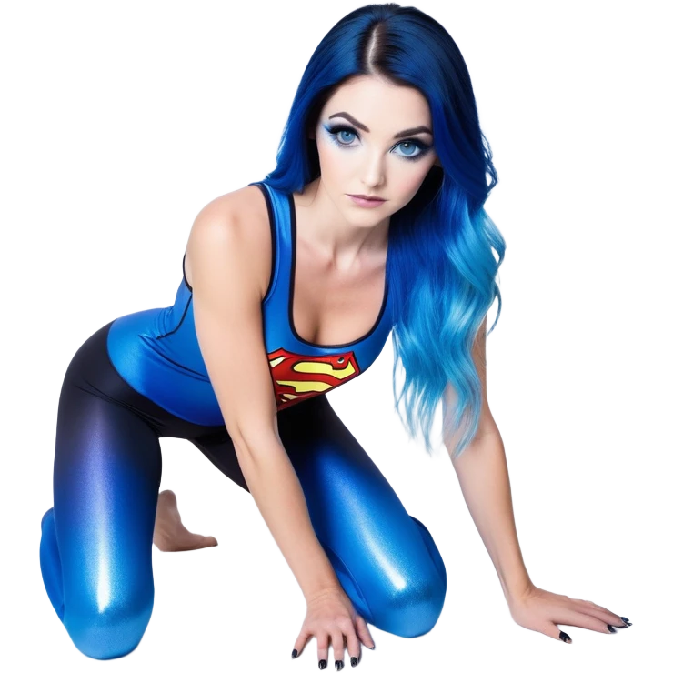 White woman-long legs-very very very large upper body-sexy face-bending forward-very long very straight dark blue to light blue ombre hair-and-blue eyes-thick black eyeliner-thick long eyelashes-iridescent blue lowcut tanktop with black leggings with glitter superman logo emoji