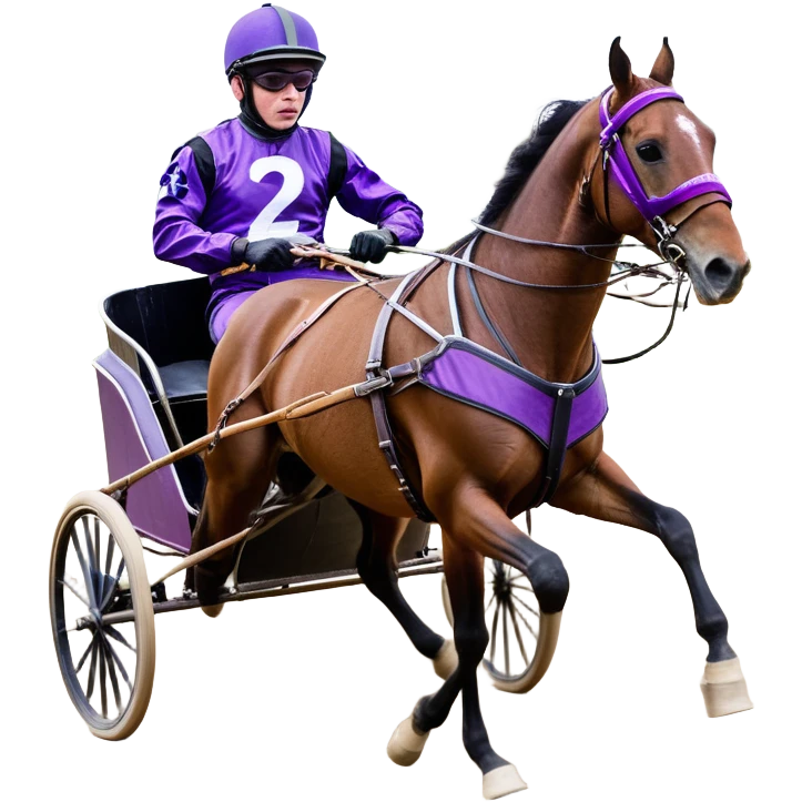 A high-speed harness racing scene featuring a powerful brown trotting horse. The sulky, a lightweight two-wheeled cart, is painted in black and attached to the horse’s harness. A driver, dressed in purple, is seated in the sulky, gripping the reins tightly and wearing a purple helmet with goggles. emoji