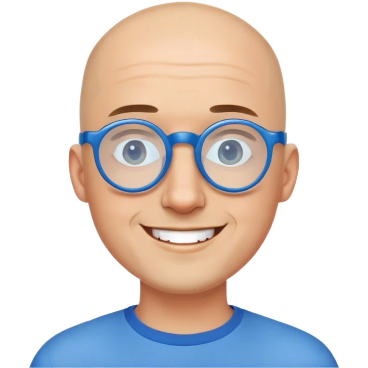 homme, chauve sur le dessus, lunettes rondes bleu, sourire, barbe rasée très courte emoji