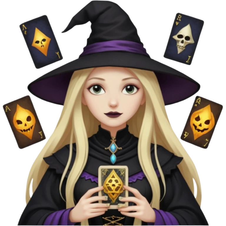 dark witch girl with long blonde hair and Tarot cards emoji