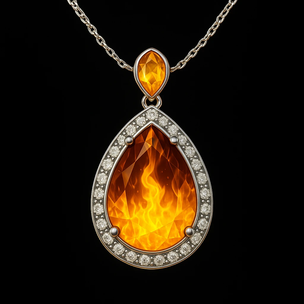 Add a yellow fiery light to the teardrop ruby pendant, representing transformation and rebirth emoji