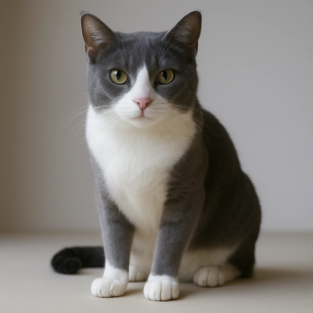 Edit the cat image to have fur only gray on top with no stripes, keep the white nose and underbelly, in a realistic style with lifelike details. emoji
