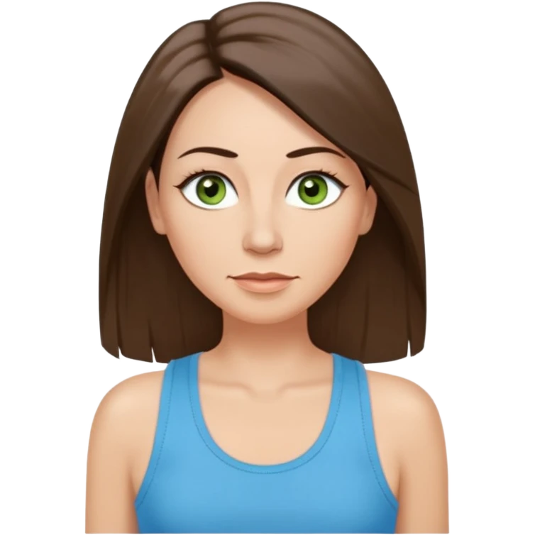43 year old Adult woman avatar, light skin tone, long, oval face, long straight ashy brown hair, green almond-shaped eyes with dramatic eyelashes and minimal eyeliner, neutral mouth, medium straight eyebrows, small nose, smooth skin, sky blue tank top emoji