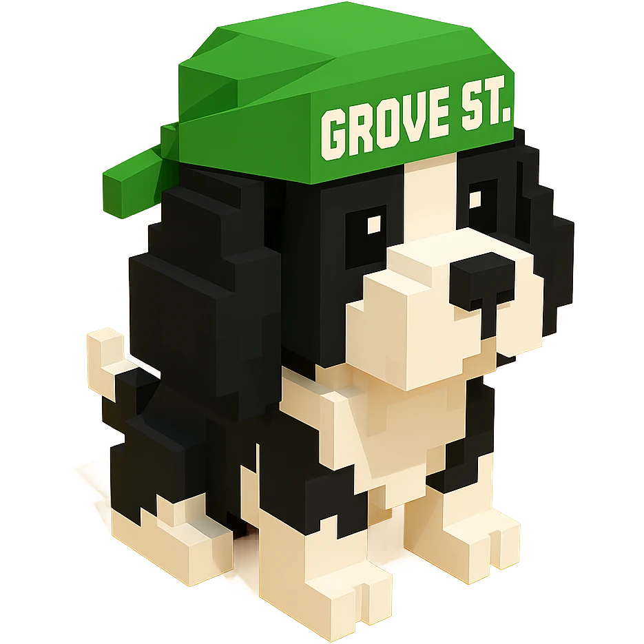 A black and white Russian Cocker Spaniel puppy wearing a grove street durag, voxel style, standing emoji