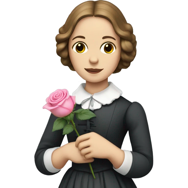 Charlotte Bronte holding a pink rose in her hand emoji