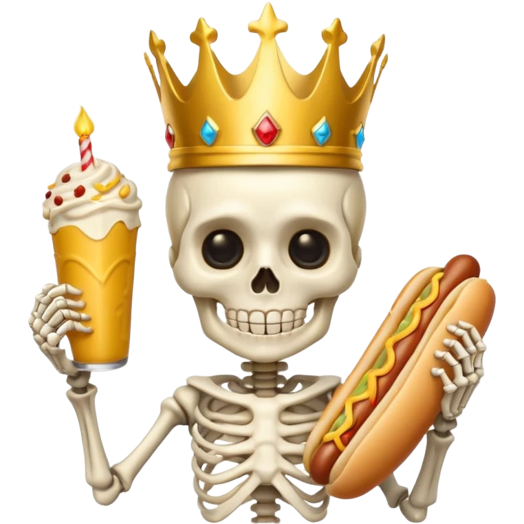 A cute skeleton wearing crown and holding hot dog





















 emoji