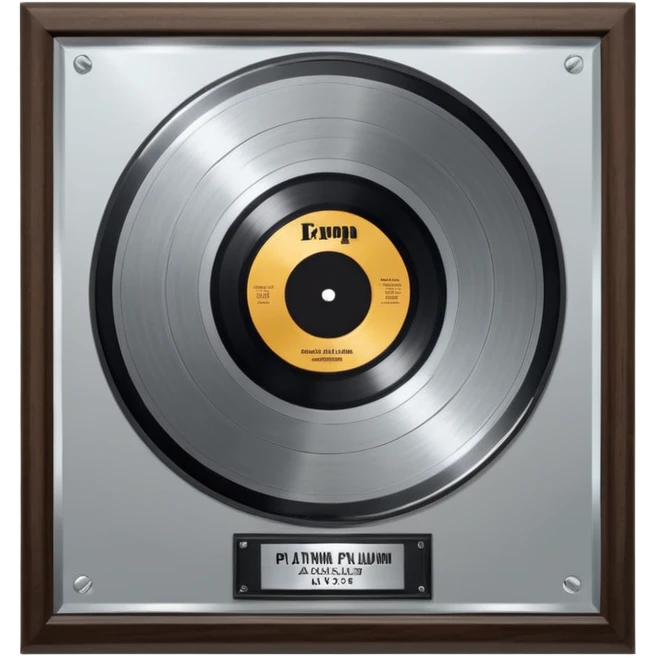 A platinum music award plaque: a square, polished platinum plate with a subtly textured, mirror-like finish, mounted on a simple dark wood base. The center features a relief of a or stylized vinyl record in a slightly darker metallic tone.  emoji