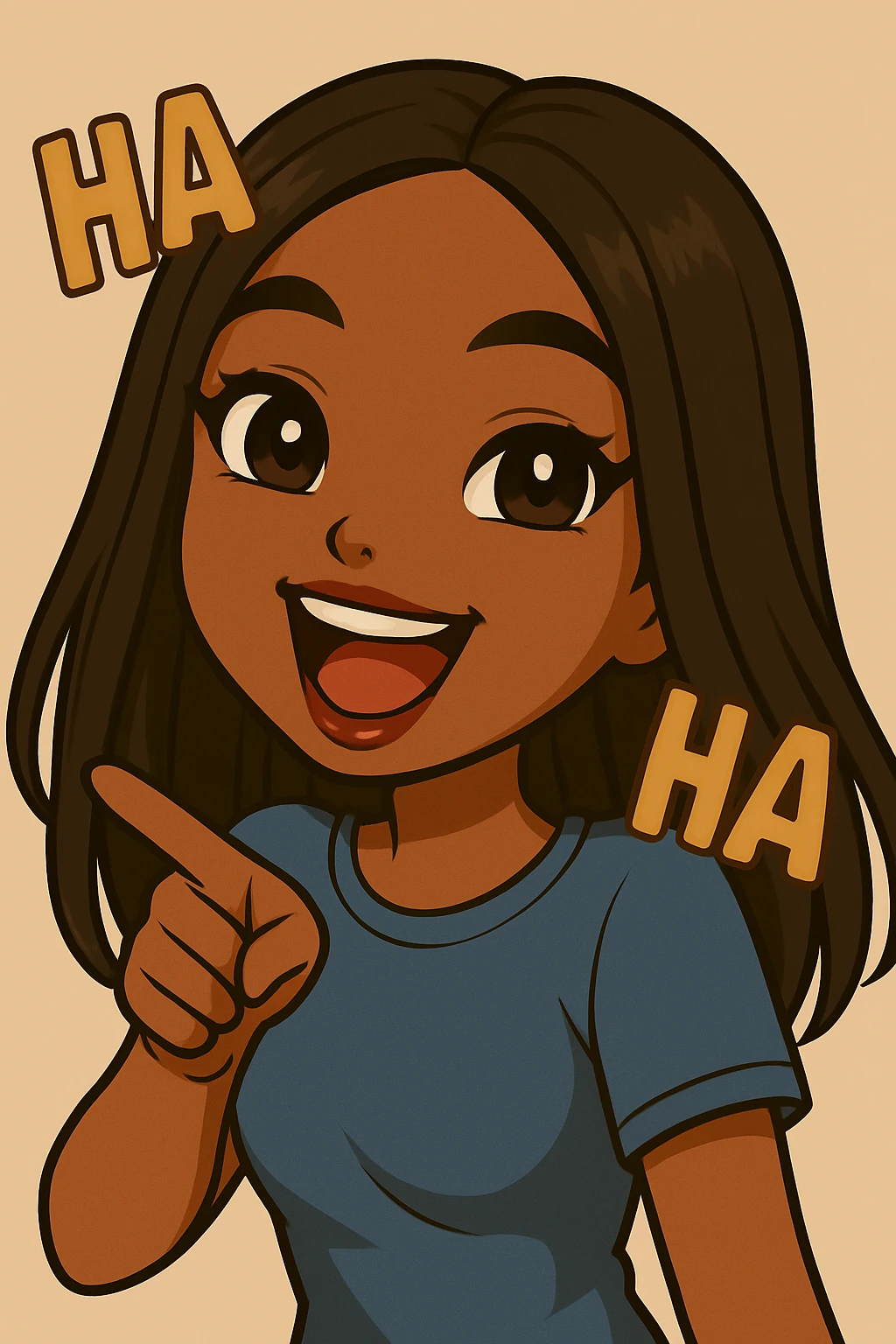 Change the pose to pointing and laughing, add 'ha ha ha' text in the background, headshot only, 20-year-old anime Bratz style woman with dark skin, straight hair, more casual outfit, big expressive eyes, glossy lips, no hat, no tears, happy expression, looking straight ahead. emoji