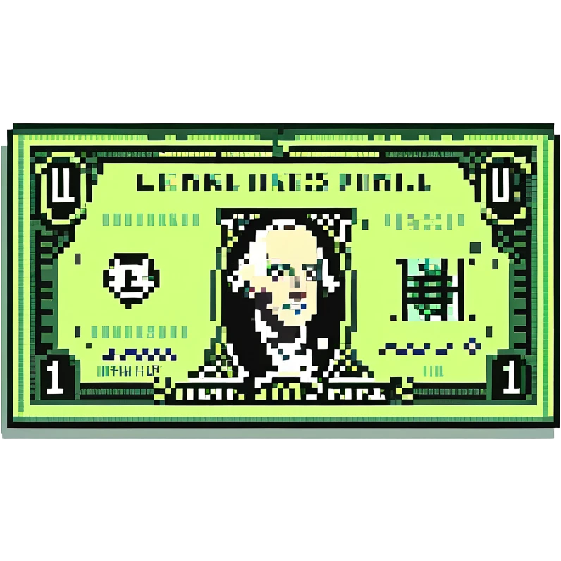 A pixel art style image of a dollar bill, featuring a green and black pixelated design without a portrait, simple and retro design, no additional text or symbols. emoji
