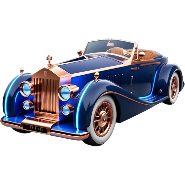 dark blue led lights on a streamlined channeled hot rodded delicately inlaid rose gold and wood accentuated sporty 1889 Rolls Royce with futuristic electric spaceship plasma neon glowing motors and lightening dynamos with wide racing wheels that are held strong by advanced suspension and steering emoji