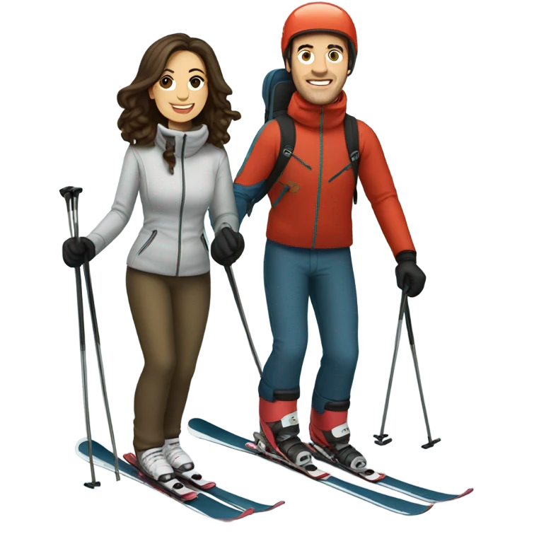 Brunette wife and husband skiing  emoji
