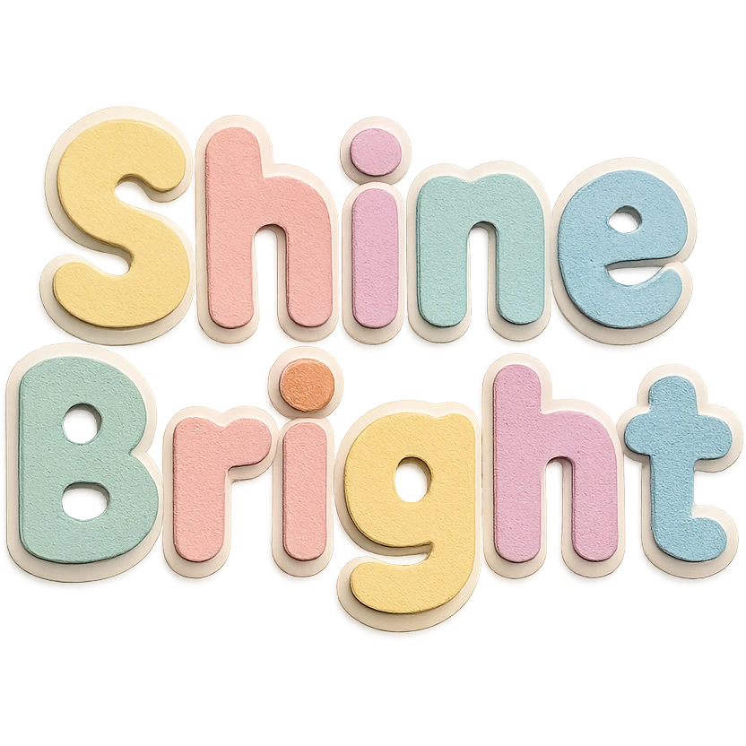 kawaii sticker text "Shine Bright" in soft pastel rainbow soft puffy letters, no border, transparent background emoji
