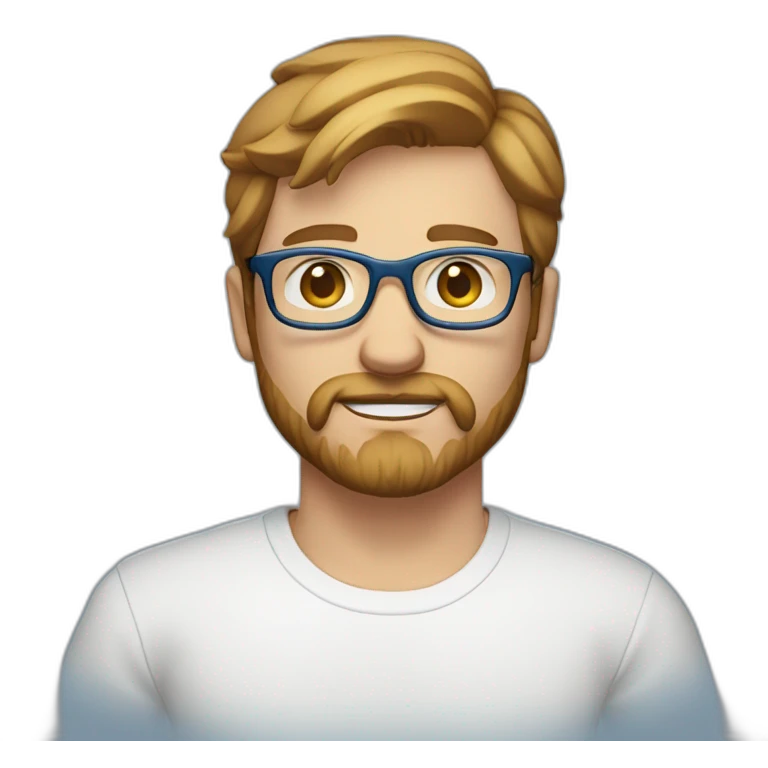 man with short light brown hair, beard and mustache and glasses, blue eyes, white t-shirt and blue jeans emoji
