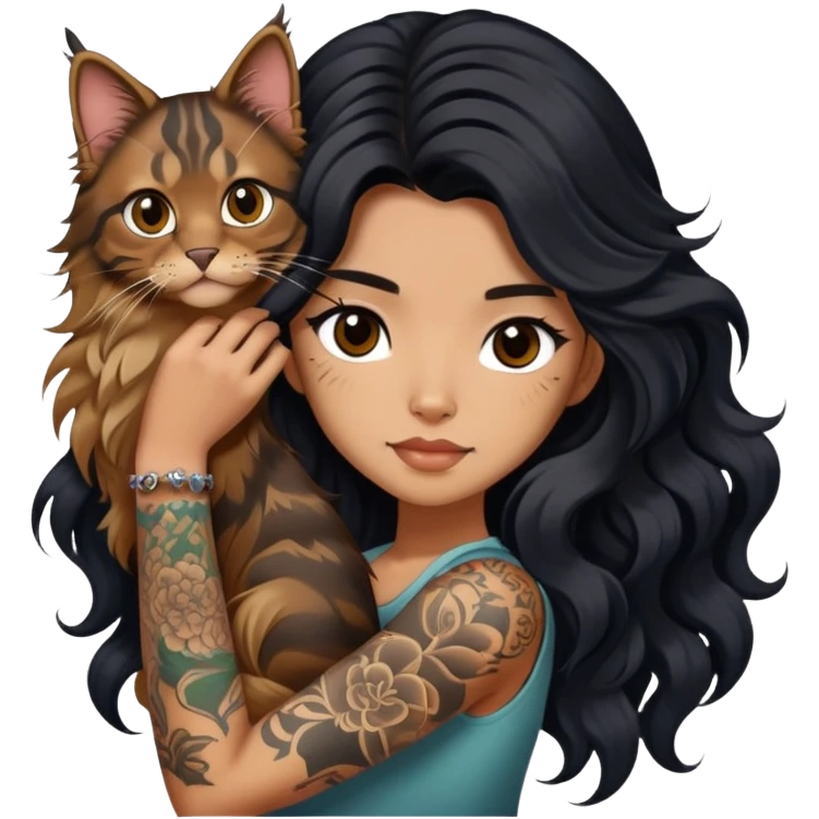 a Chinese girl with long black  Big waves and long hair and tattoos and brown Maine coon emoji