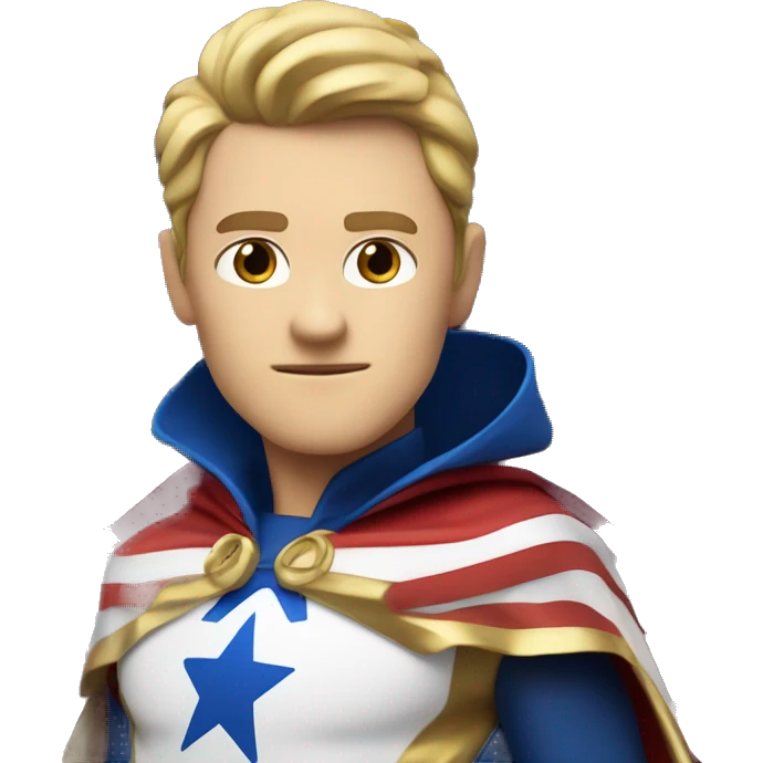 Emoji of Homelander from ‘The Boys’ series. USA flag-inspired costume with cape (red, blue, white). Confident, slightly menacing expression. emoji