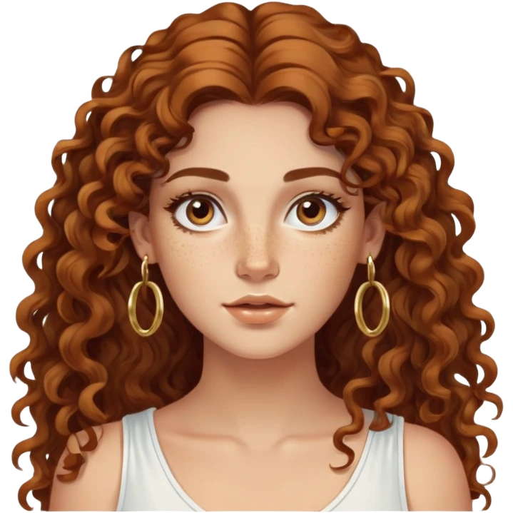 Attractive Greek woman with wide face, freckles, long curly amber-brown hair and gold hoop earrings emoji