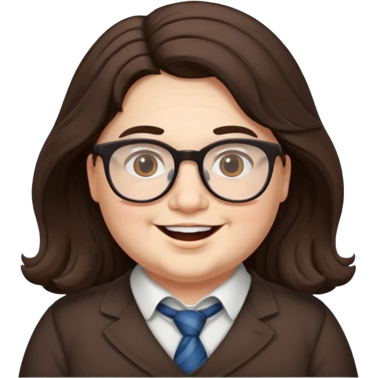 happy chubby English teacher face, white skin, wearing glasses, wavy long dark brown hair, classroom background, for online classes emoji