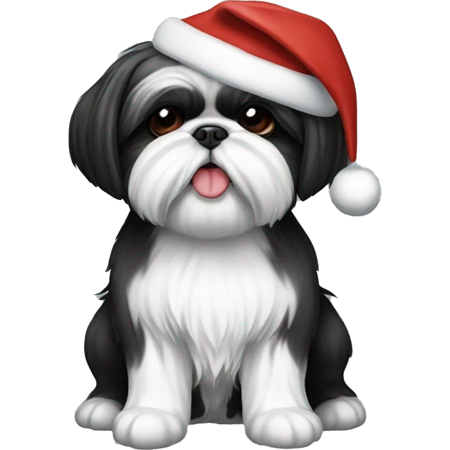 black and white shih tzu with Santa hat emoji