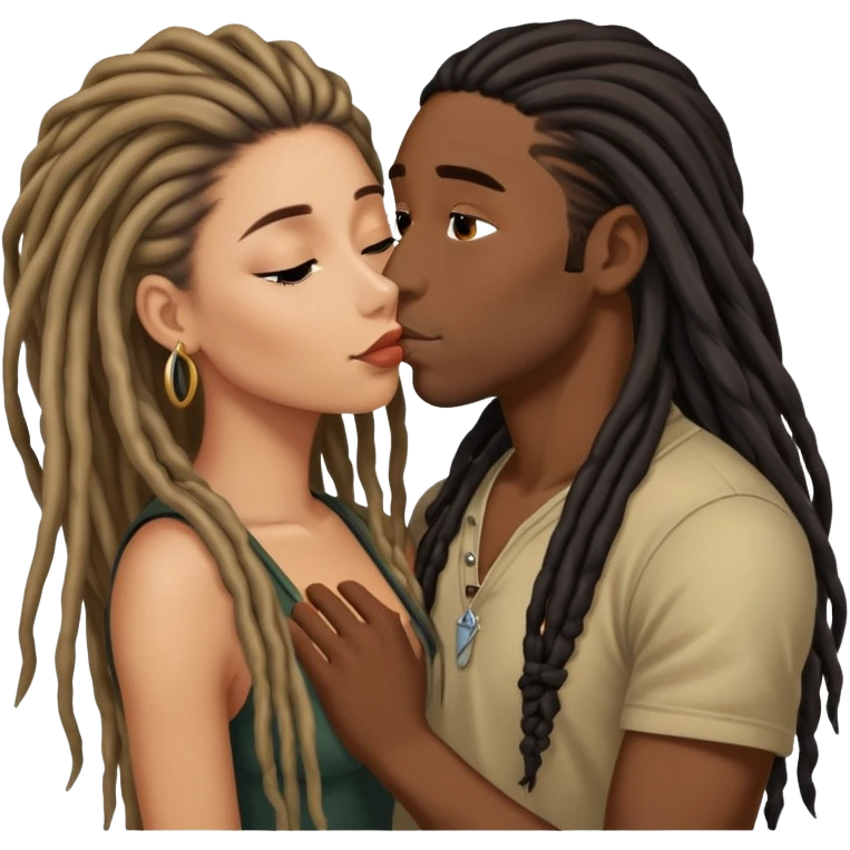 Latina Woman with long hair kissing a young black guy with dreads chin hair emoji
