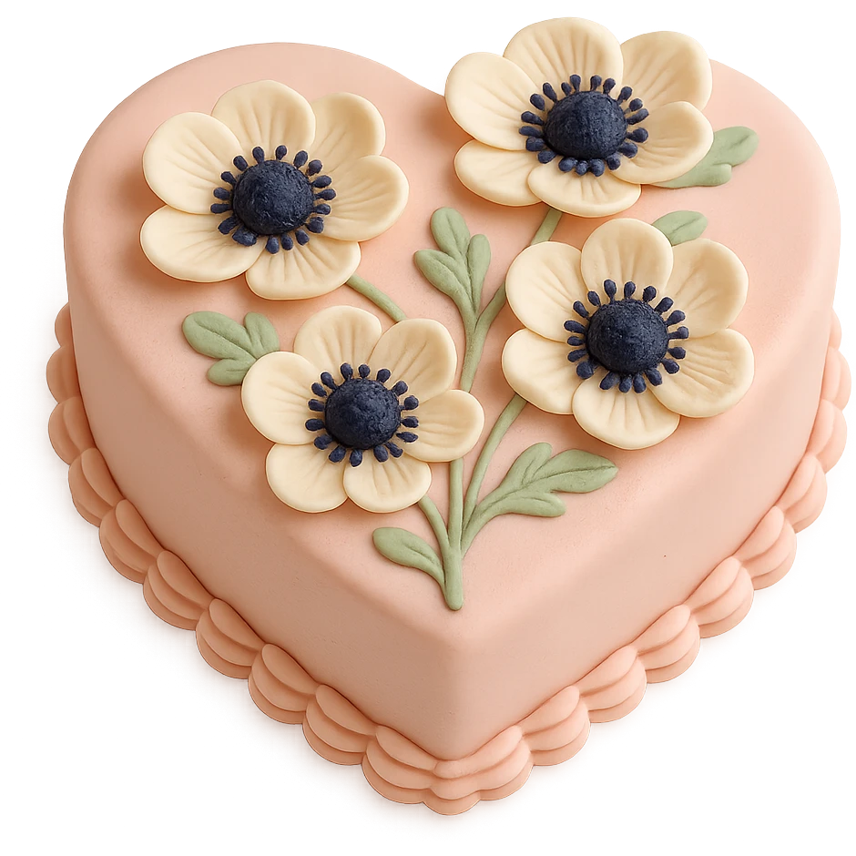 heart-shaped fondant cake with piped anemones emoji