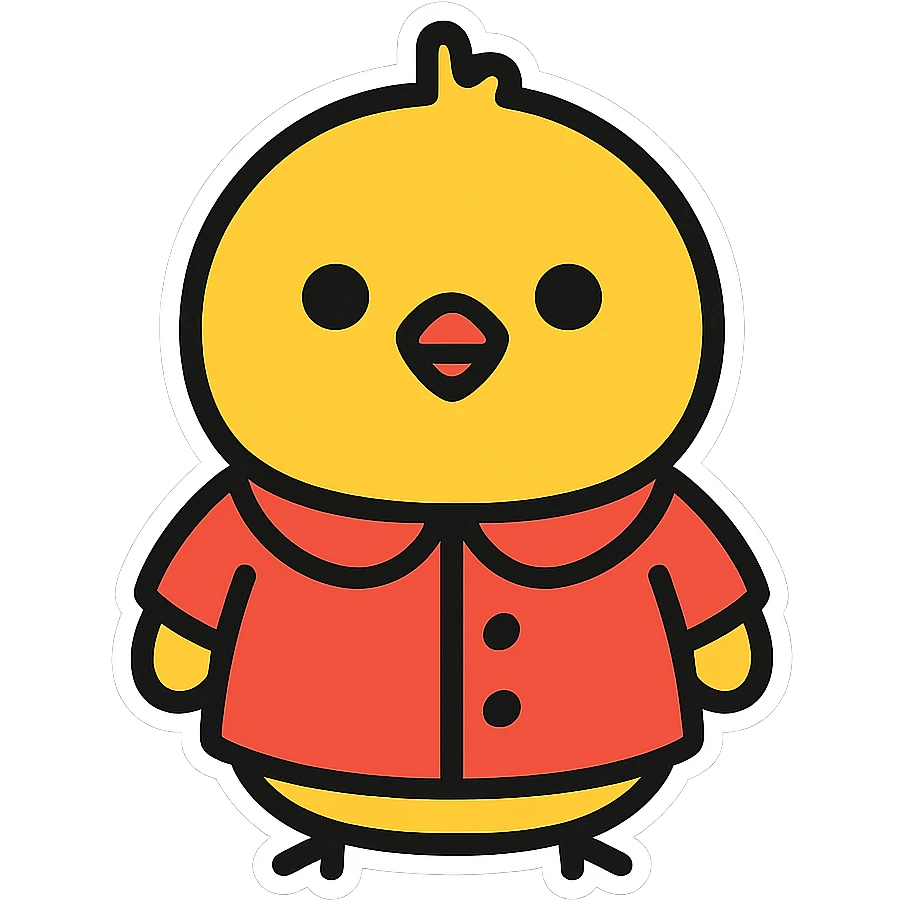 small chick wearing a coat, friendly and modern appearance, bold black outlines, sticker style emoji