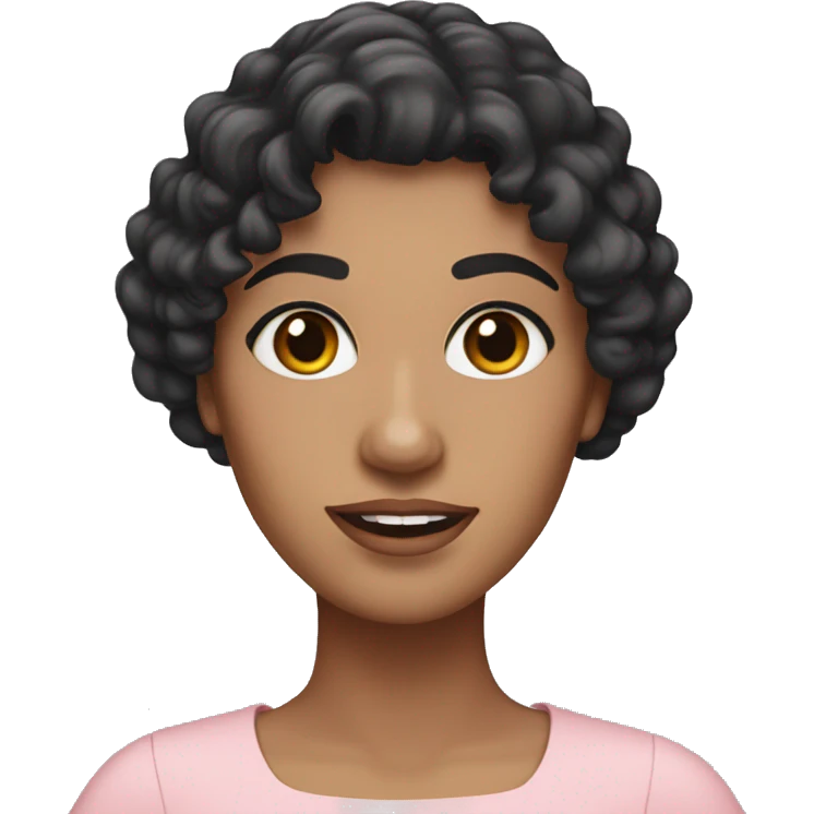White woman with long black curly hair and bangs and dark brown eyes, wearing a pastel pink dress emoji