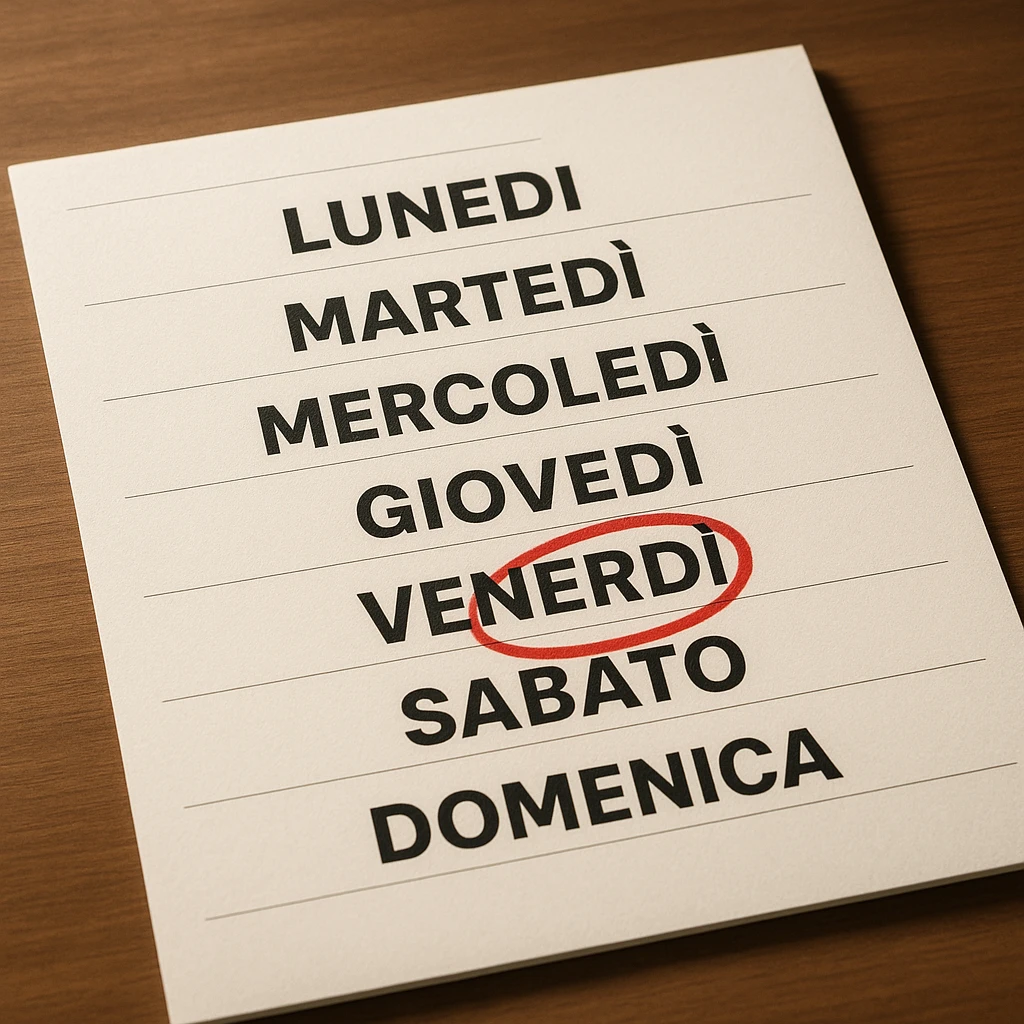 weekly calendar in Italian, days from Monday to Sunday, Friday circled in red, hyperrealistic style, 4K details, studio or office atmosphere emoji