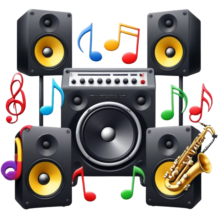 Icon for R&B Music Listening: large concert speakers and headphones with waves of musical notes coming out, along with drum kit, and synthesizer, saxophone and bass guitar. The icon should convey the energetic and rhythmic vibe of R&B music. Transparent background. emoji