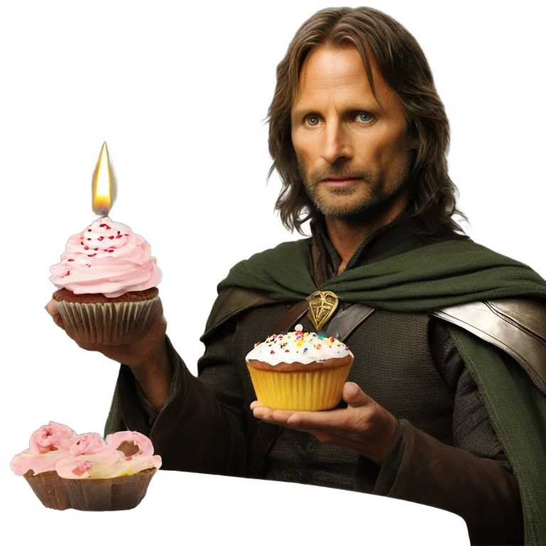 Viggo Mortenson as Aragorn holding a cupcake with a birthday candle in it emoji
