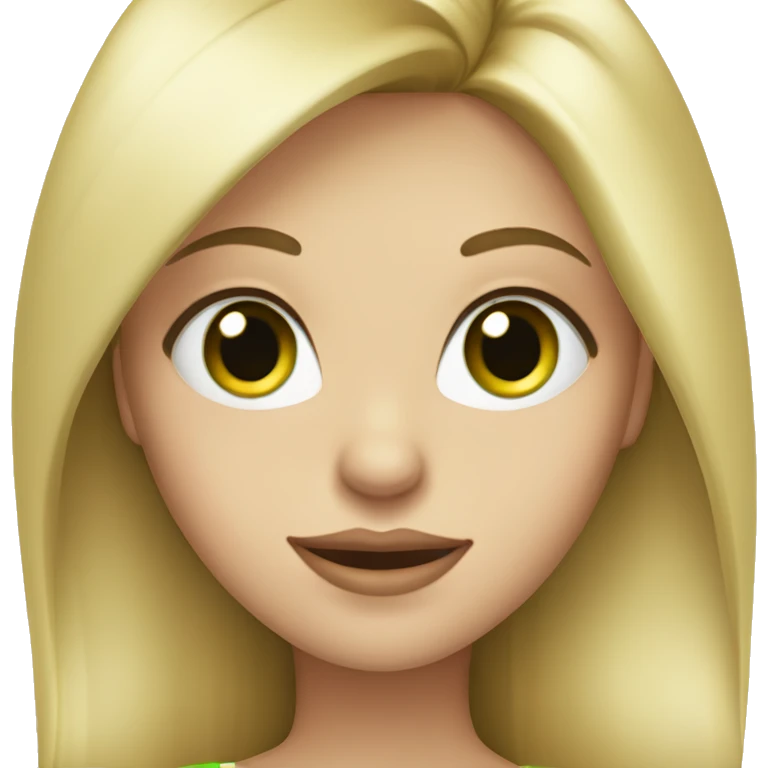Blonde girl with long straight hair, green eyes, full lips, big eyelashes, showing a heart with her hands emoji