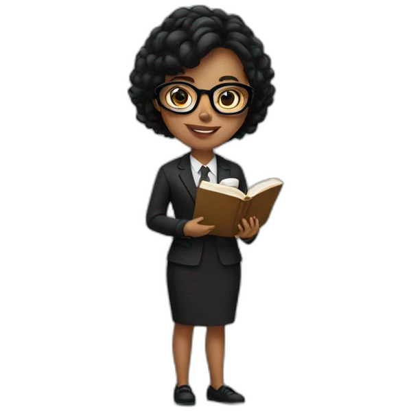 a girl in a black suit and glasses holding a book. emoji