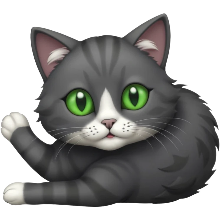 solid dark grey cat with green eyes, completely solid grey face, white toes/paws playfully rolling upside down emoji
