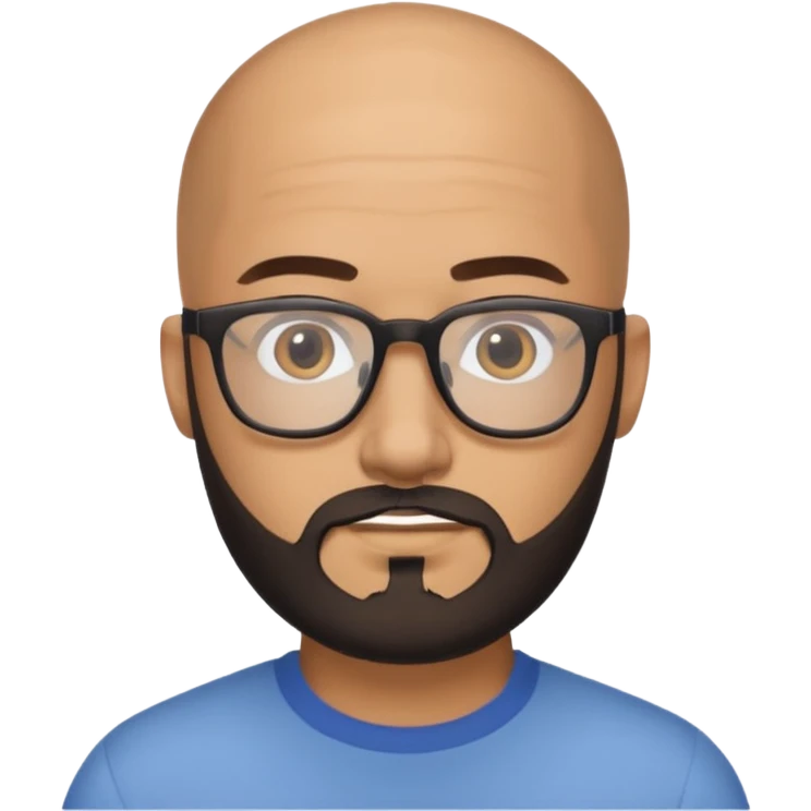 Homem com 30 anos careca com barba PRETA aparada e com óculos emoji