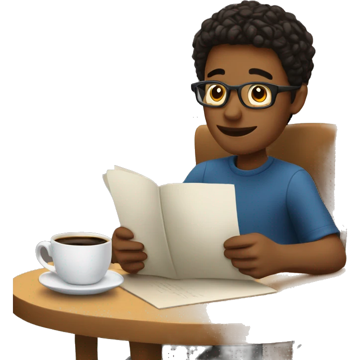 A boy reading at a coffee table with a cup of coffee next to him emoji