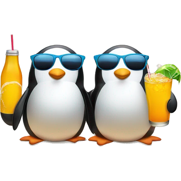 Two penguins on a beach with sunglasses and drinks emoji