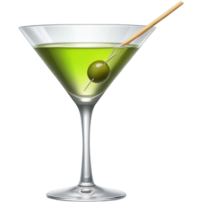 empty martini glass with just a hint of colorless liquid, showing mostly glass with very minimal liquid representation, single green olive on toothpick emoji