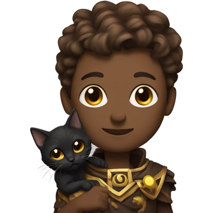 A sun warlock who is pale with brown hair and is holding a black kitten emoji