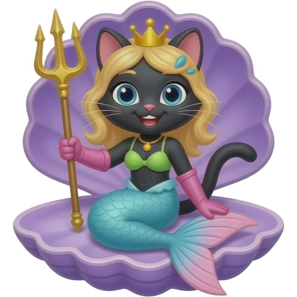 black anthro cat  happy light blue  mermaid tail with pink fins and long pink gloves  yellow hair crown green swimsuit sitting on an open purple clam holding a trident artistic creation, beautiful art cartoon style art emoji