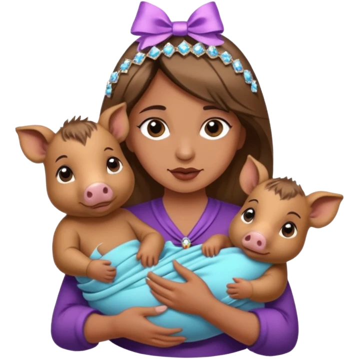 woman holding baby boars with ribbons and crystals emoji