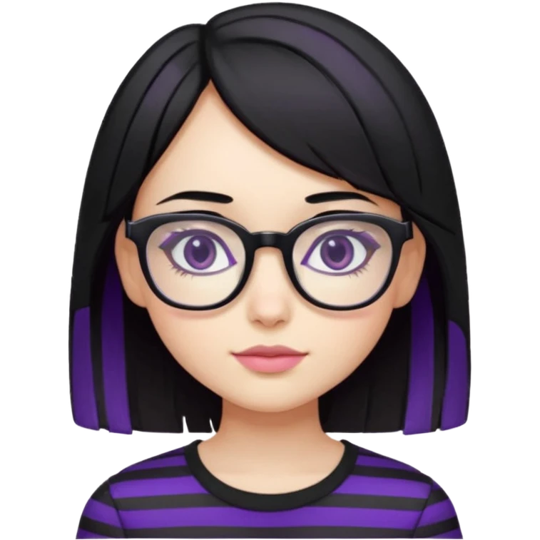 chica bonita con ligero cabello negro con rayas moradas que llega hasta los hombros con lentes cuadrados de estatura pequeña con ropa negra emoji