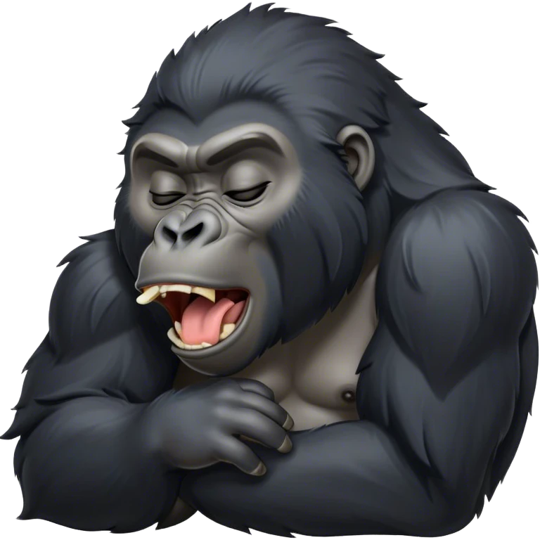 Cinematic Cute Yawning mountain Gorilla Portrait Emoji, Head tilted slightly with a dramatic, wide-open yawn, showcasing a formidable build with a black and greyy mane and drowsy, half-closed eyes, Simplified yet irresistibly adorable features, highly detailed, glowing with a soft, cozy jungle glow, high shine, relaxed yet expressive, stylized with a dash of whimsical primate charm, soft glowing outline, capturing the essence of a drowsy yet affectionate guardian that appears ready to stretch out for a nap! emoji